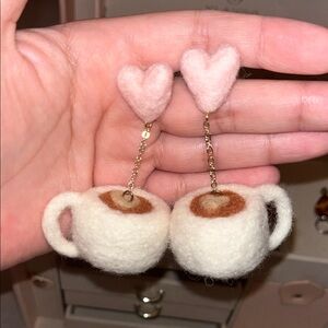 Cute Felt Coffee Cup Earrings with Pink Hearts